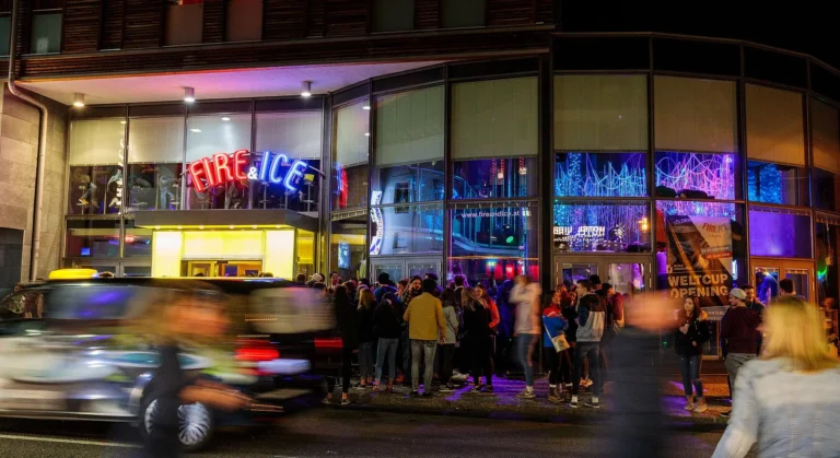 Exterior view of Fire & Ice nightclub in Sölden, Austria, featuring a modern glass façade illuminated by neon signage, located on Dorfstraße 58 in the heart of Sölden's après-ski district Exterior view of Fire & Ice nightclub in Sölden, Austria, featuring a modern glass façade illuminated by neon signage, located on Dorfstraße 58 in the heart of Sölden's après-ski district